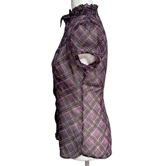 Fairy Grunge Whimsigoth Purple Plaid Sheer Short Sleeve Blouse With Tie Neck 8 - Picture 9 of 10